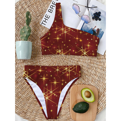 Christmas Sparkle Print One Shoulder Bikini Top