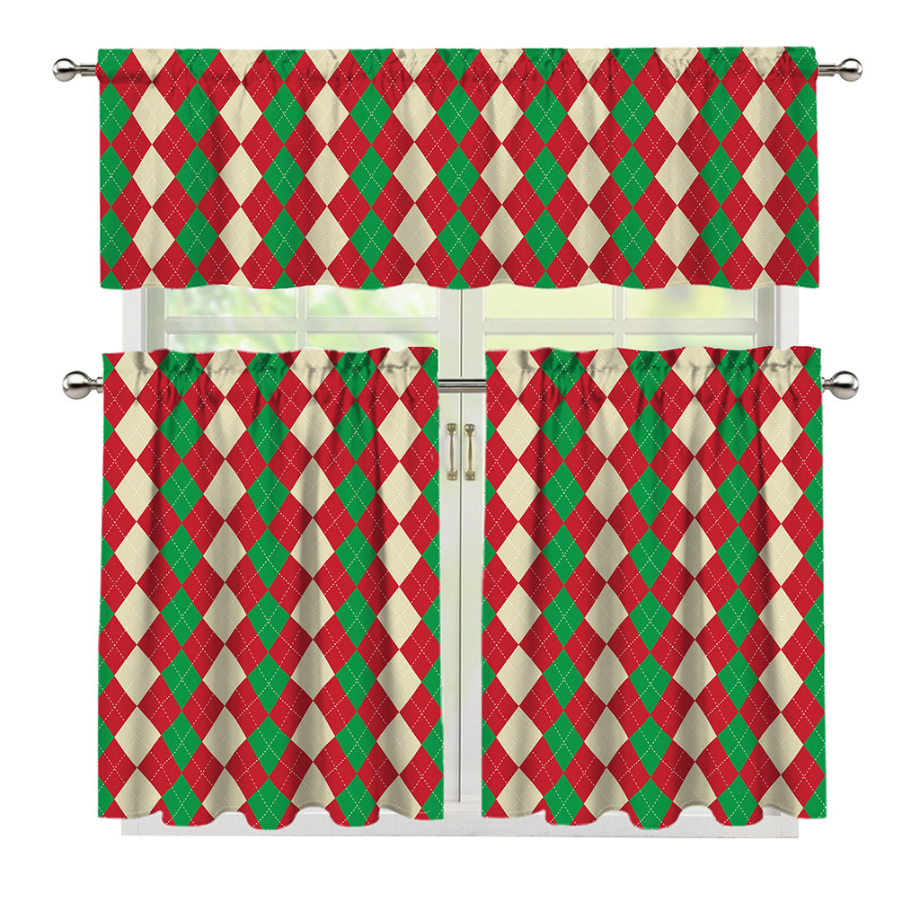 Christmas Themed Argyle Pattern Print 3 Piece Kitchen Curtains