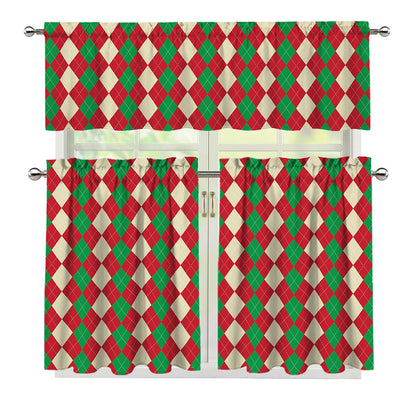 Christmas Themed Argyle Pattern Print 3 Piece Kitchen Curtains