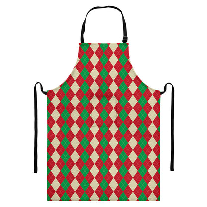 Christmas Themed Argyle Pattern Print Bib Apron With Pocket