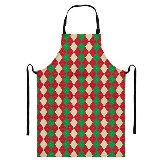 Christmas Themed Argyle Pattern Print Bib Apron With Pocket