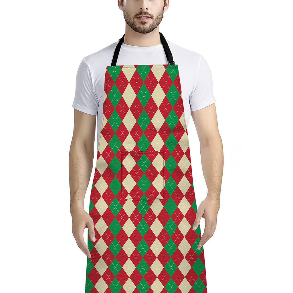 Christmas Themed Argyle Pattern Print Bib Apron With Pocket