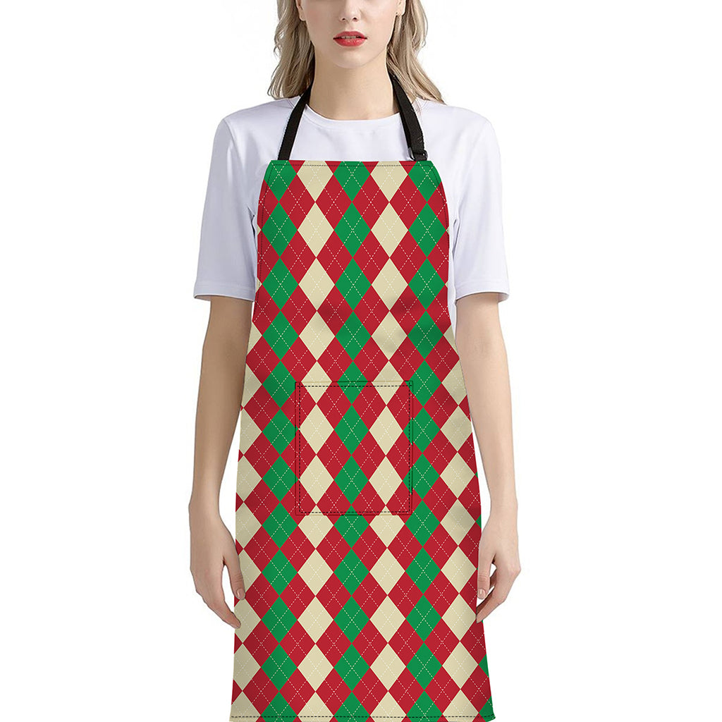 Christmas Themed Argyle Pattern Print Bib Apron With Pocket