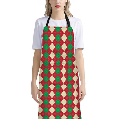 Christmas Themed Argyle Pattern Print Bib Apron With Pocket