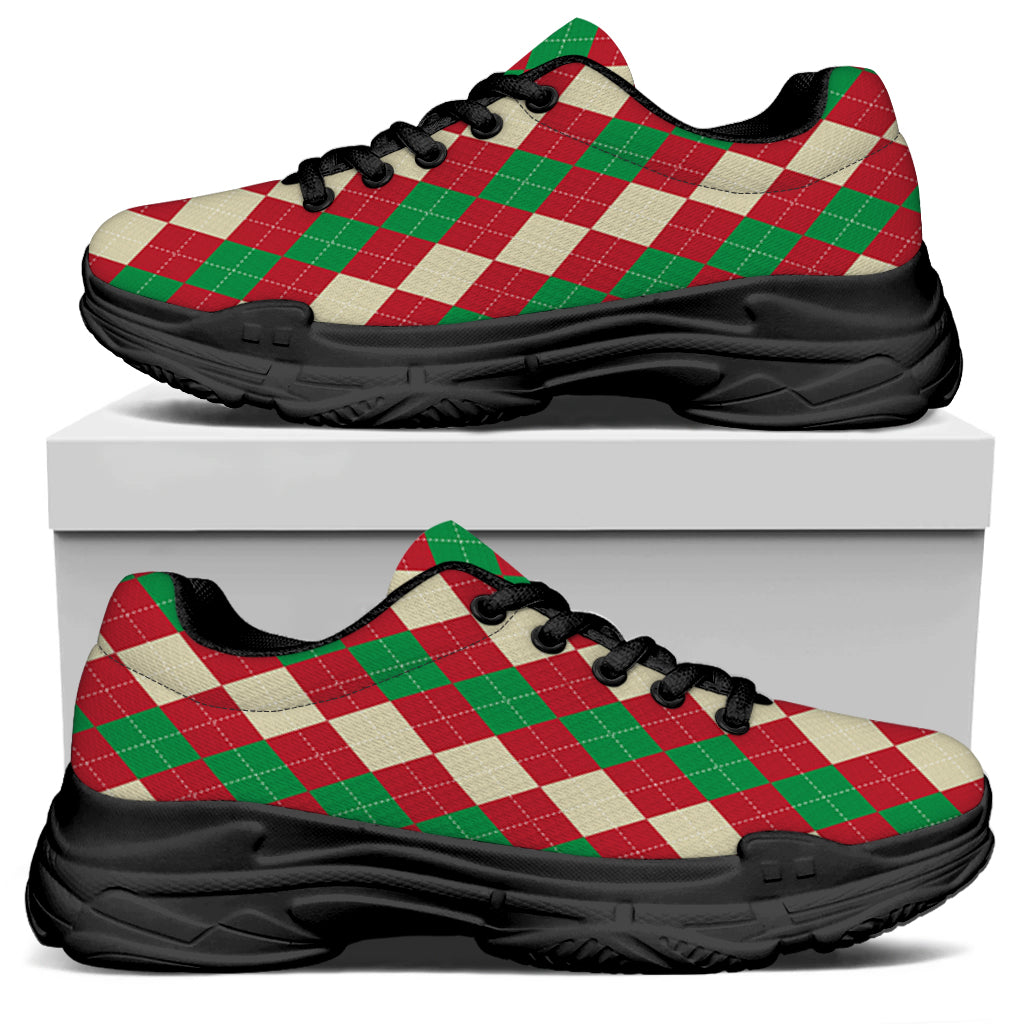 Christmas Themed Argyle Pattern Print Black Chunky Shoes