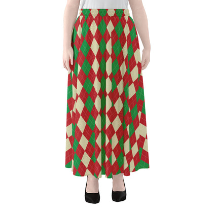 Christmas Themed Argyle Pattern Print Chiffon Maxi Skirt