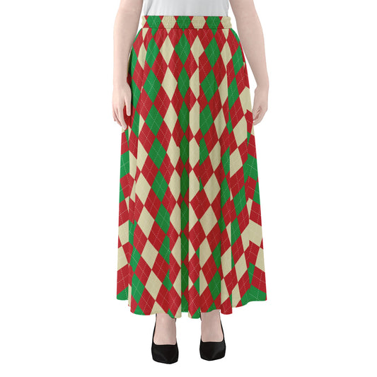 Christmas Themed Argyle Pattern Print Chiffon Maxi Skirt