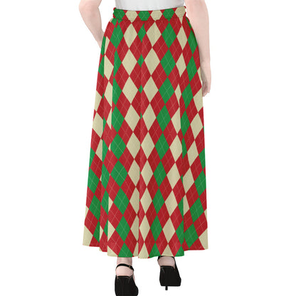 Christmas Themed Argyle Pattern Print Chiffon Maxi Skirt