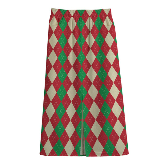 Christmas Themed Argyle Pattern Print Cotton Front Slit Maxi Skirt