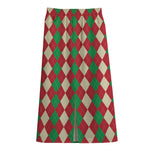 Christmas Themed Argyle Pattern Print Cotton Front Slit Maxi Skirt