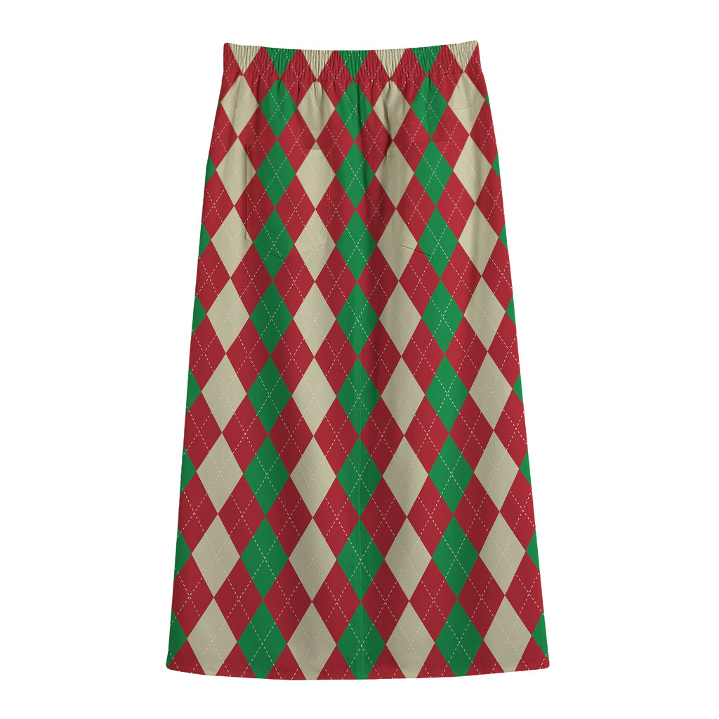 Christmas Themed Argyle Pattern Print Cotton Front Slit Maxi Skirt