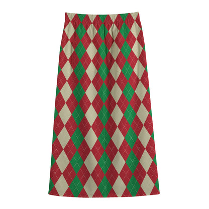 Christmas Themed Argyle Pattern Print Cotton Front Slit Maxi Skirt