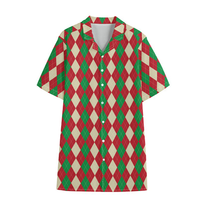 Christmas Themed Argyle Pattern Print Cotton Hawaiian Shirt