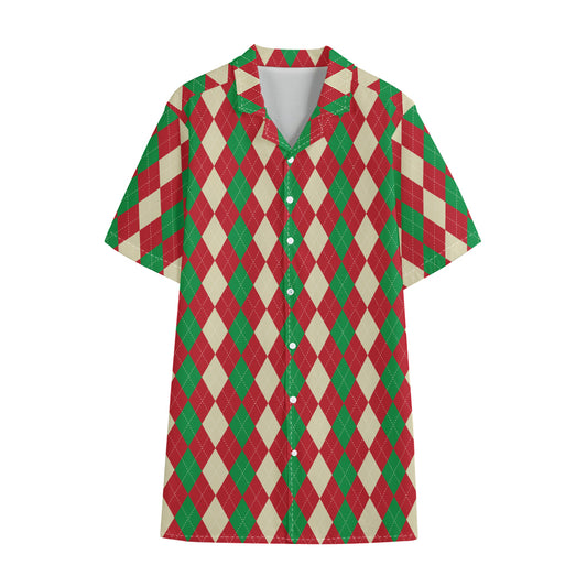 Christmas Themed Argyle Pattern Print Cotton Hawaiian Shirt