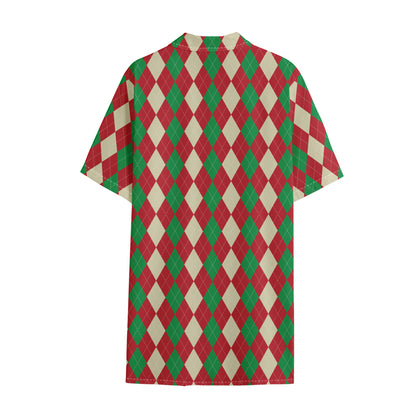 Christmas Themed Argyle Pattern Print Cotton Hawaiian Shirt