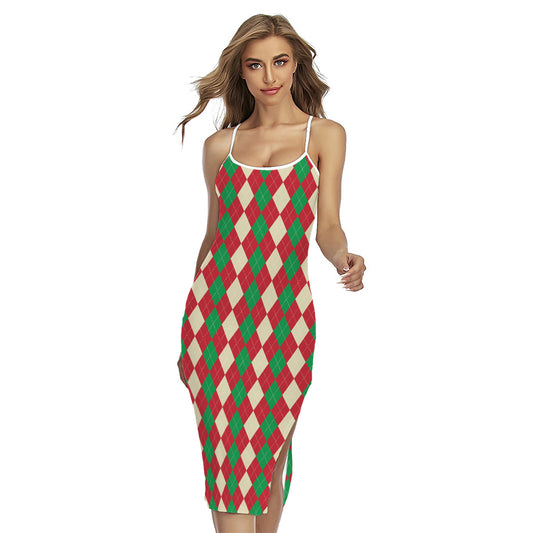 Christmas Themed Argyle Pattern Print Cross Back Cami Dress
