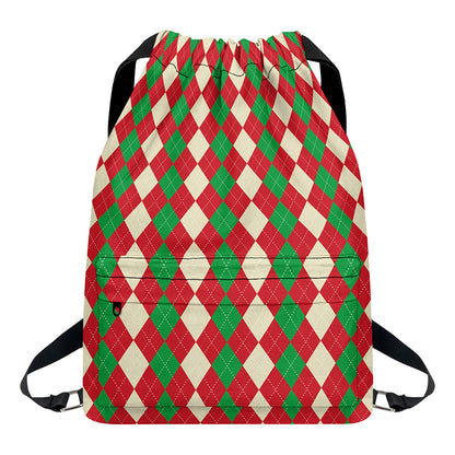 Christmas Themed Argyle Pattern Print Drawstring Backpack