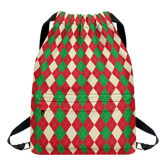 Christmas Themed Argyle Pattern Print Drawstring Backpack