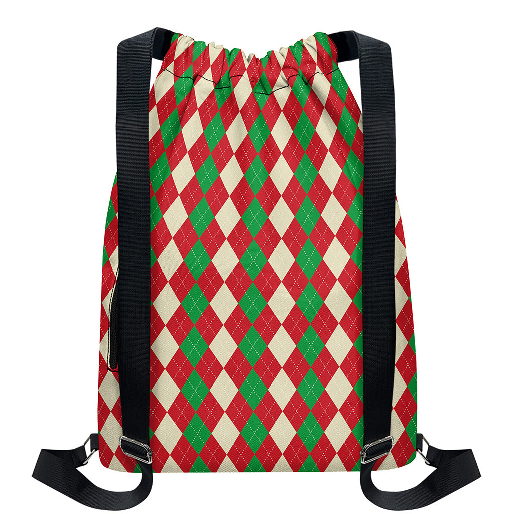 Christmas Themed Argyle Pattern Print Drawstring Backpack