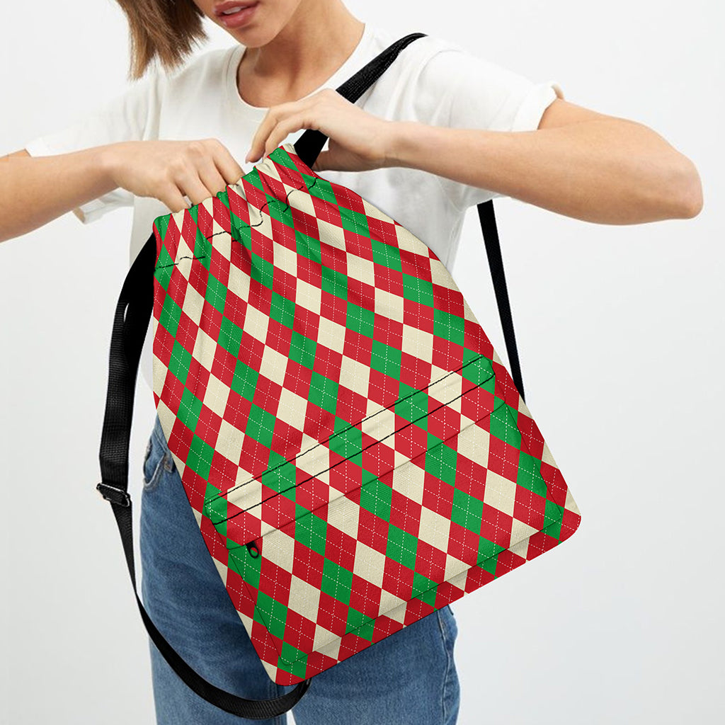 Christmas Themed Argyle Pattern Print Drawstring Backpack