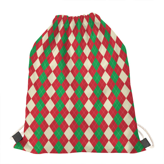 Christmas Themed Argyle Pattern Print Drawstring Bag