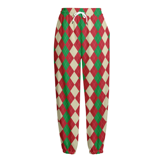Christmas Themed Argyle Pattern Print Fleece Lined Knit Pants