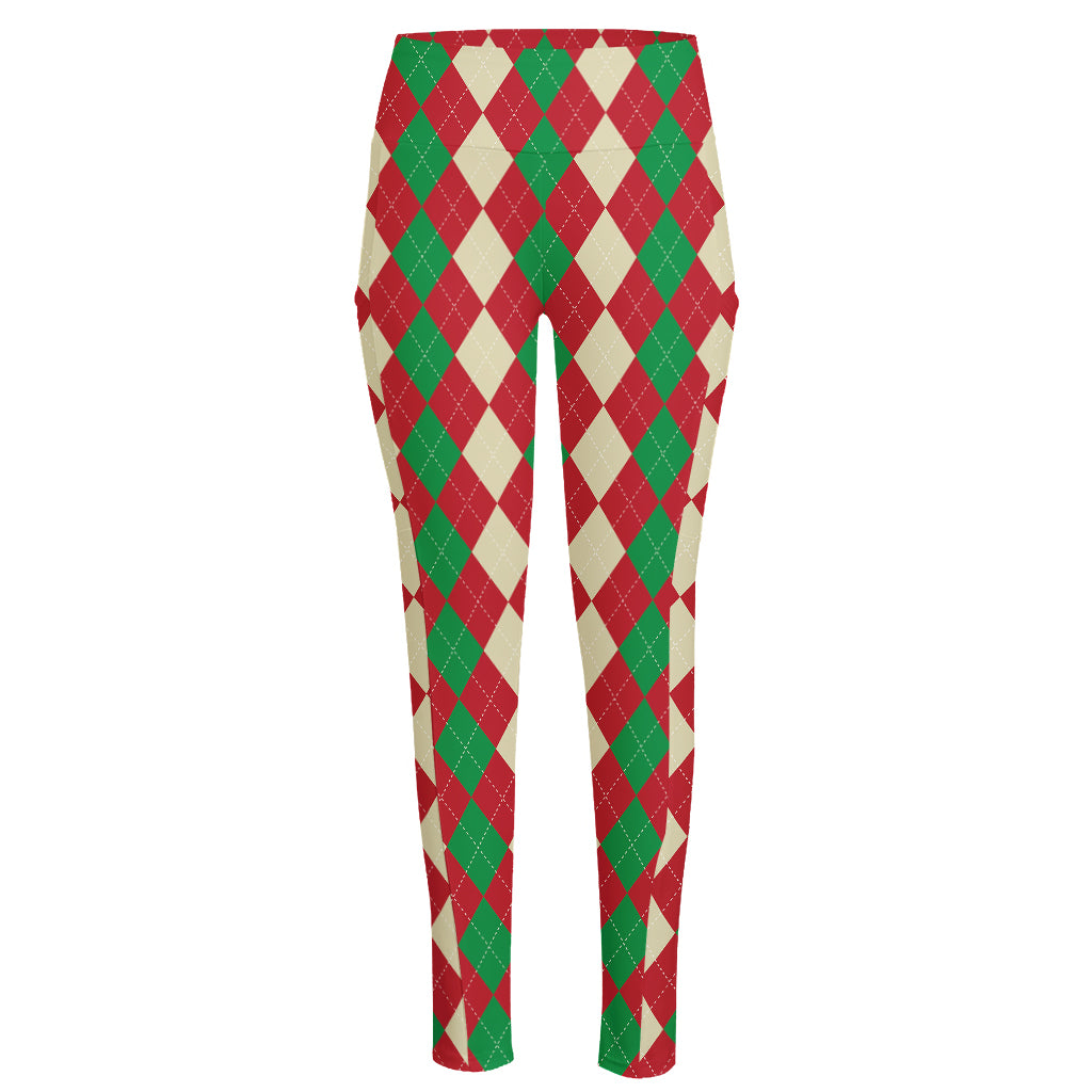 Christmas Themed Argyle Pattern Print High-Waisted Pocket Leggings