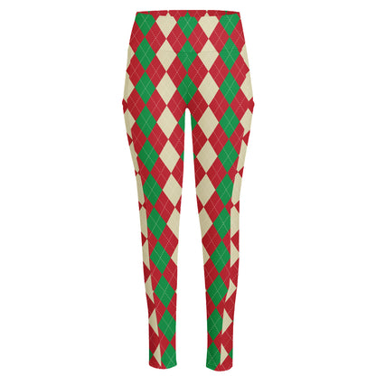 Christmas Themed Argyle Pattern Print High-Waisted Pocket Leggings