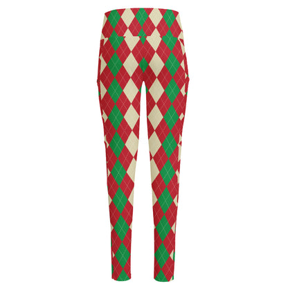 Christmas Themed Argyle Pattern Print High-Waisted Pocket Leggings