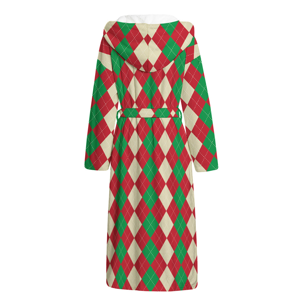 Christmas Themed Argyle Pattern Print Hooded Bathrobe