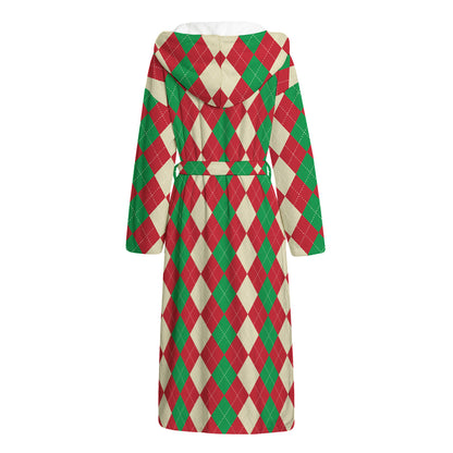 Christmas Themed Argyle Pattern Print Hooded Bathrobe