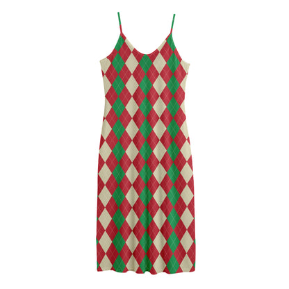 Christmas Themed Argyle Pattern Print Jersey Midi Cami Dress