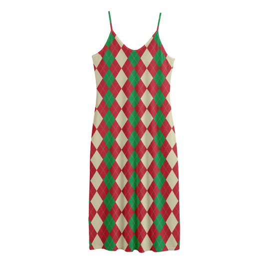 Christmas Themed Argyle Pattern Print Jersey Midi Cami Dress