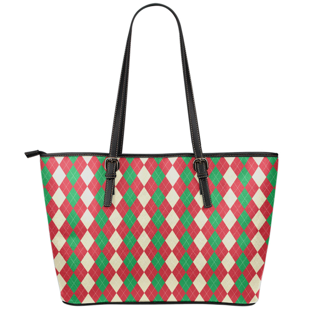 Christmas Themed Argyle Pattern Print Leather Tote Bag