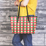 Christmas Themed Argyle Pattern Print Leather Tote Bag