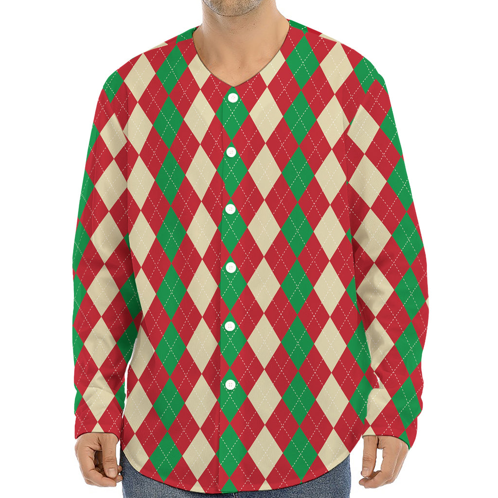 Christmas Themed Argyle Pattern Print Long Sleeve Baseball Jersey