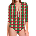 Christmas Themed Argyle Pattern Print Long Sleeve Swimsuit