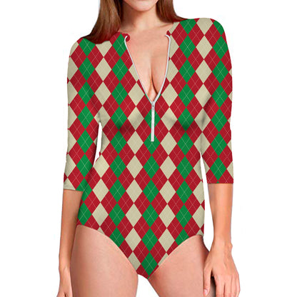 Christmas Themed Argyle Pattern Print Long Sleeve Swimsuit