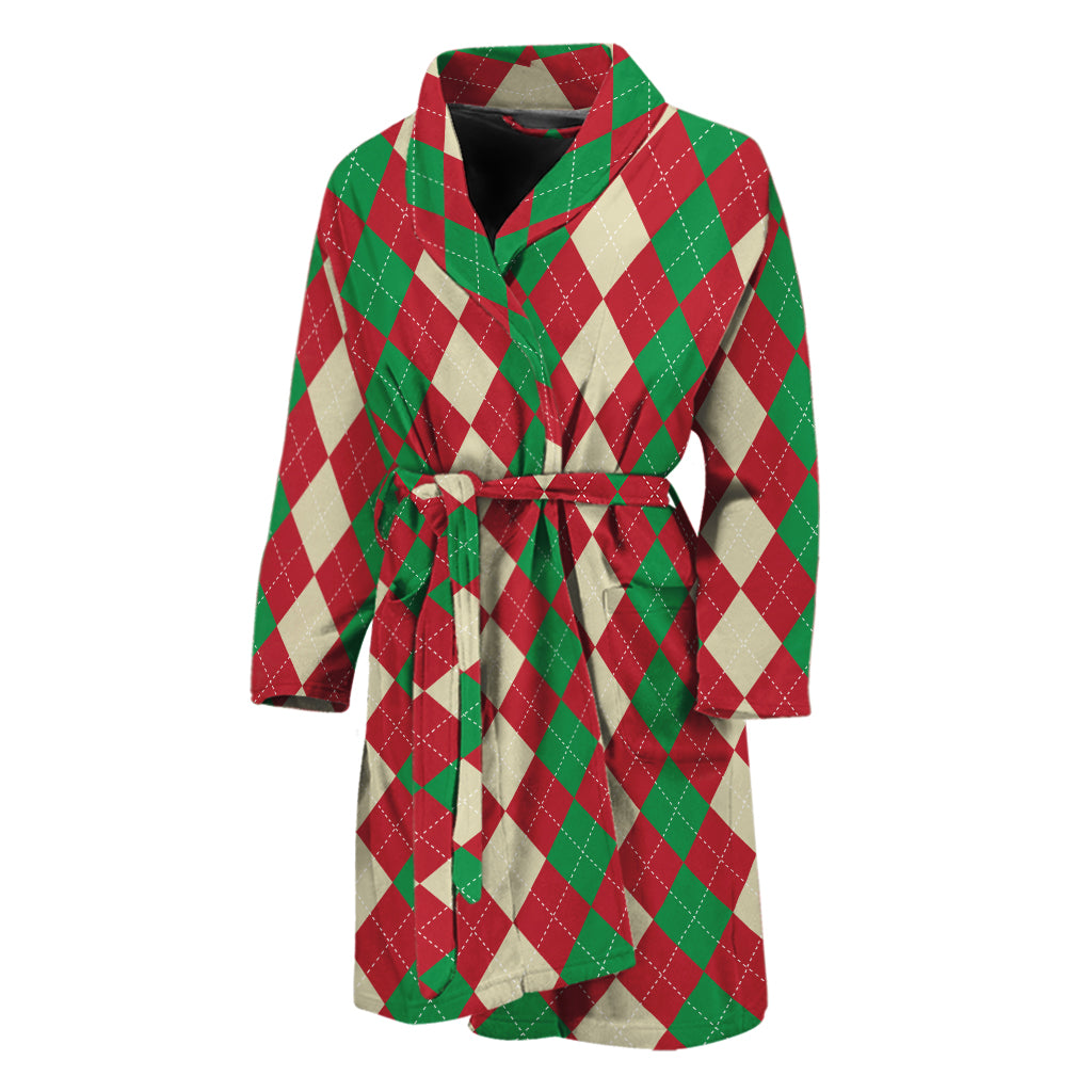 Christmas Themed Argyle Pattern Print Men's Bathrobe