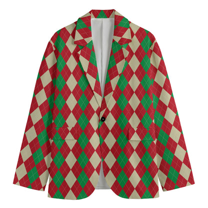 Christmas Themed Argyle Pattern Print Men's Blazer
