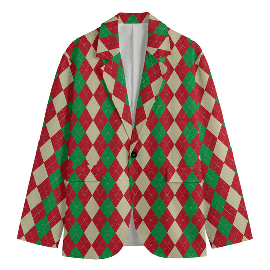 Christmas Themed Argyle Pattern Print Men's Blazer