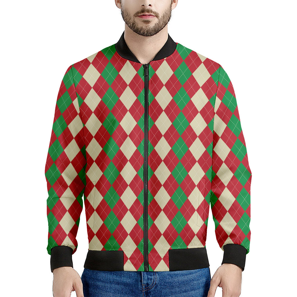 Christmas Themed Argyle Pattern Print Men's Bomber Jacket