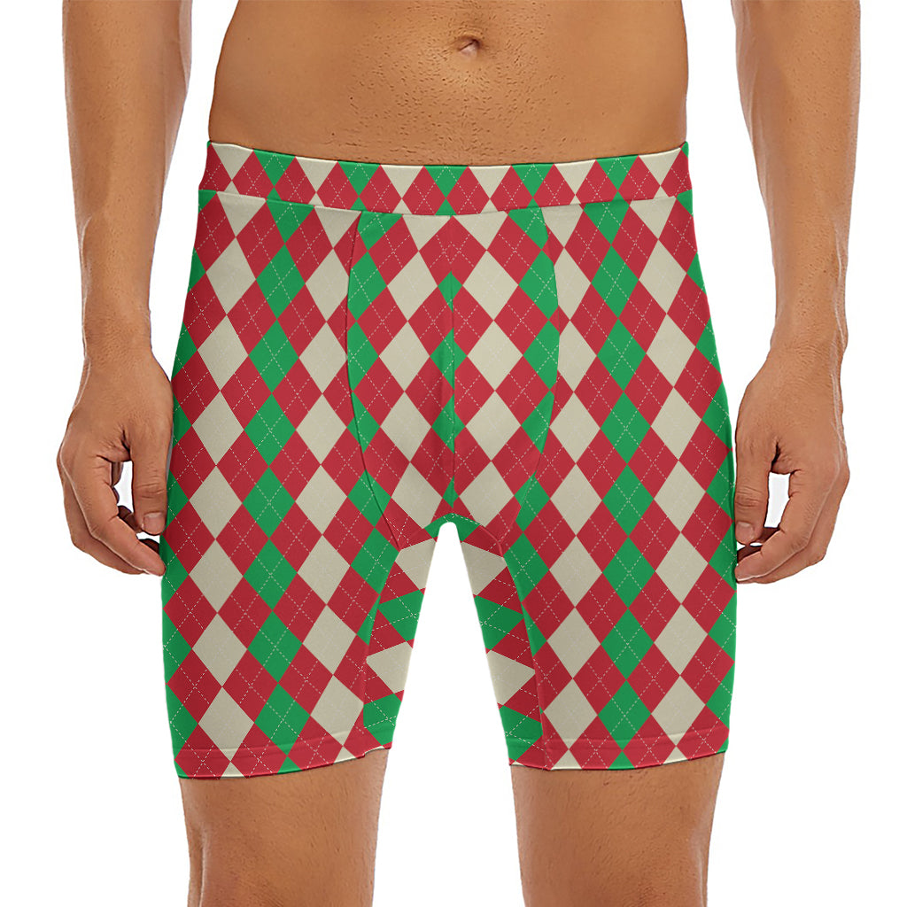 Christmas Themed Argyle Pattern Print Men's Long Boxer Briefs