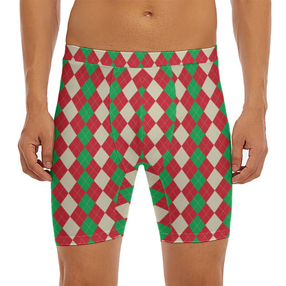 Christmas Themed Argyle Pattern Print Men's Long Boxer Briefs