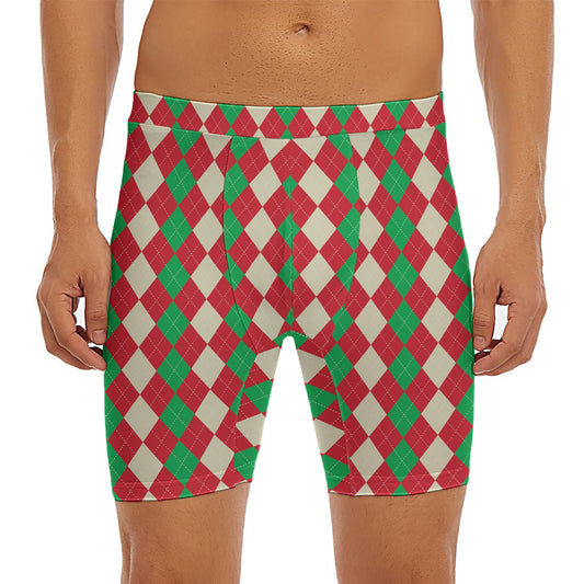 Christmas Themed Argyle Pattern Print Men's Long Boxer Briefs