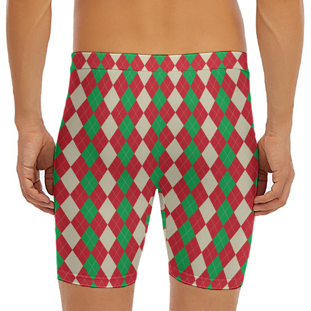 Christmas Themed Argyle Pattern Print Men's Long Boxer Briefs