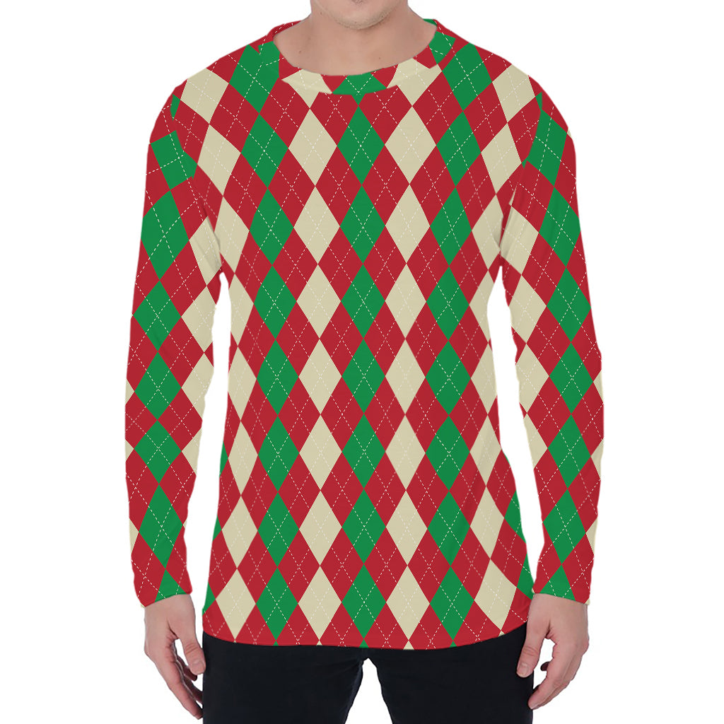 Christmas Themed Argyle Pattern Print Men's Long Sleeve T-Shirt