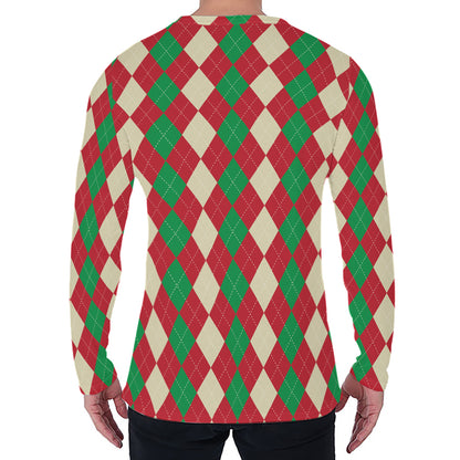 Christmas Themed Argyle Pattern Print Men's Long Sleeve T-Shirt