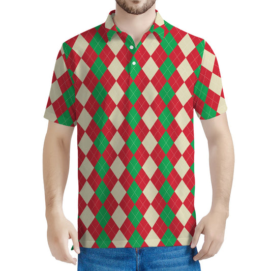 Christmas Themed Argyle Pattern Print Men's Polo Shirt