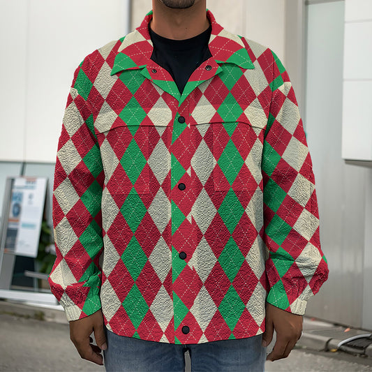 Christmas Themed Argyle Pattern Print Men's Shirt Jacket